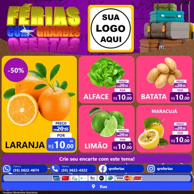 Modelo de Rede Social para Feed Facebook com o tema Férias com Grandes Ofertas para Hortifrúti