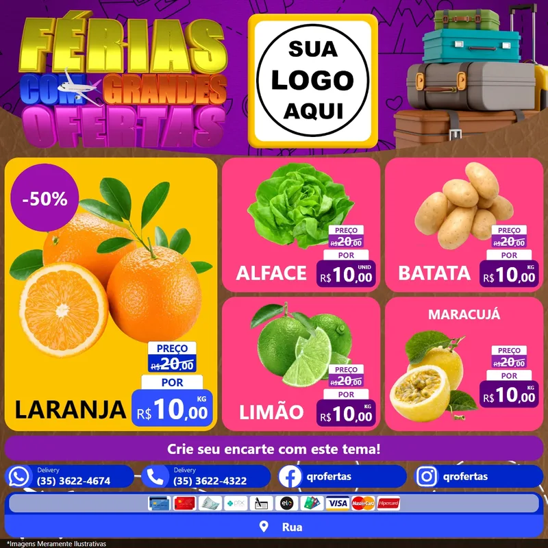 Modelo de Rede Social para Feed Facebook com o tema Férias com Grandes Ofertas para Hortifrúti