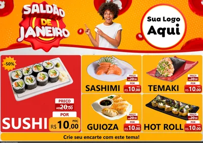 Modelo de Encarte para Encarte A4 Horizontal com o tema Saldão de Janeiro para Comida japonesa