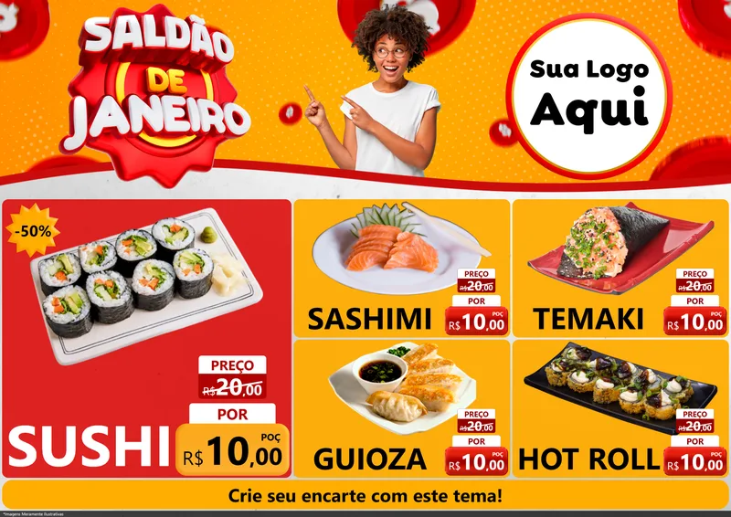 Modelo de Encarte para Encarte A4 Horizontal com o tema Saldão de Janeiro para Comida japonesa