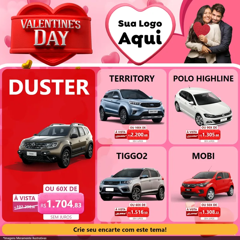 Modelo de Rede Social para Feed Facebook com o tema Valentine's Day para Concessionaria de Carros
