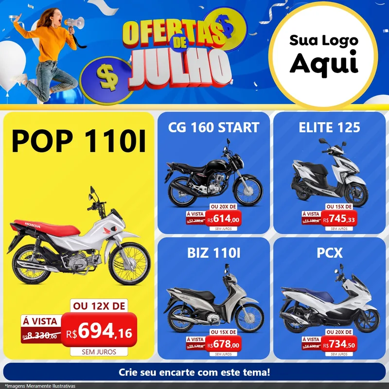 Modelo de Rede Social para Feed Facebook com o tema Ofertas de Julho para Concessionaria de Motos