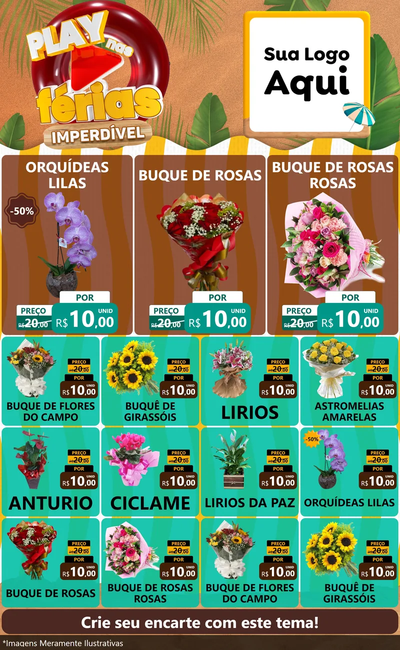Modelo de Encarte para Encarte Grande com o tema Play Nas Férias Imperdível para Floricultura e jardim