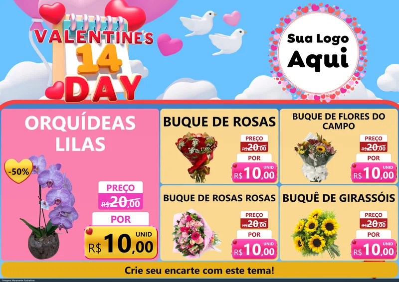 Modelo de Encarte para Encarte A4 Horizontal com o tema Valentine's Day para Floricultura e jardim