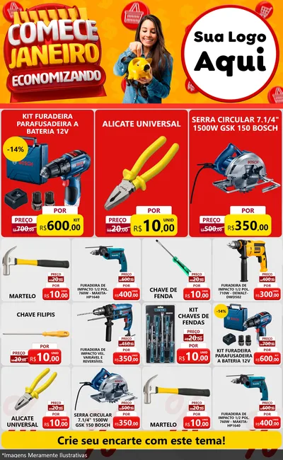 Modelo de Encarte para Encarte Grande com o tema Comece Janeiro Economizando para Maquinas e Ferramentas