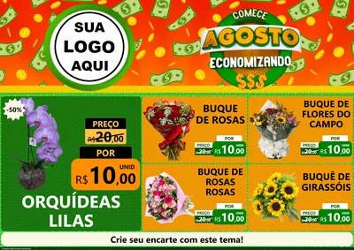Modelo de Encarte para Encarte A4 Horizontal com o tema Comece Agosto Economizando para Floricultura e jardim