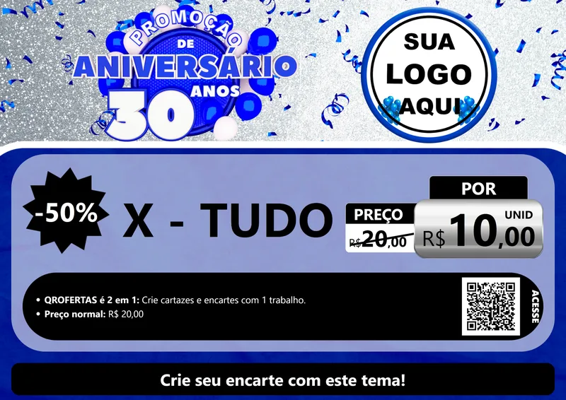 Modelo de Cartaz para Cartaz A4 Horizontal com o tema Promoção de Aniversário - 30 Anos para Hamburgueria