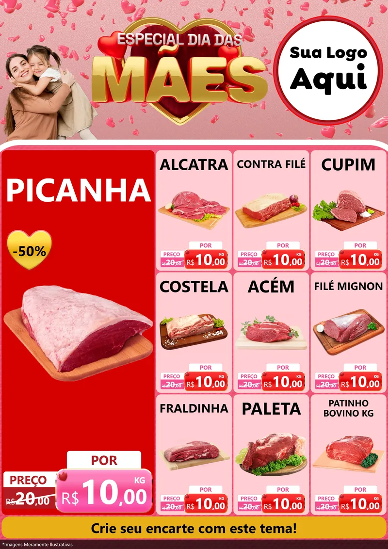 Modelo de Encarte para Encarte A4 Vertical com o tema Especial Dia Das Mães para Açougue