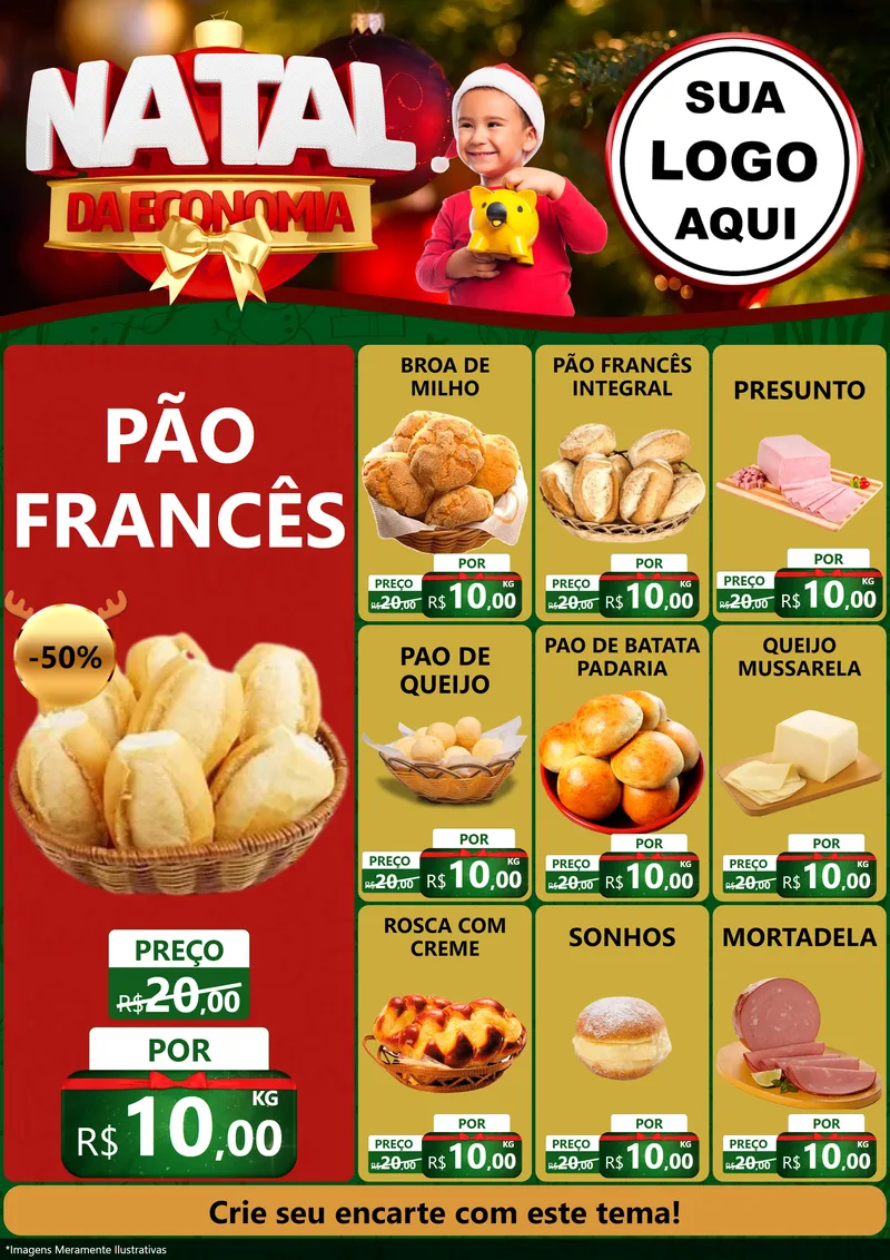 Modelo de Encarte para Encarte A4 Vertical com o tema Natal da Economia para Padaria