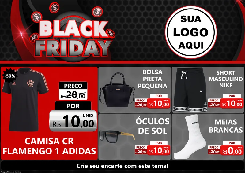 Modelo de Encarte para Encarte A4 Horizontal com o tema Black Friday para Roupas e acessórios