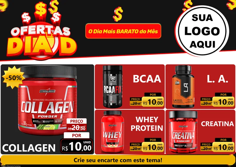 Modelo de Encarte para Encarte A4 Horizontal com o tema Ofertas Dia D para Suplementos alimentares