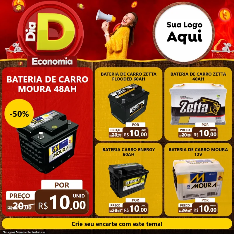 Modelo de Rede Social para Feed Facebook com o tema Dia D Economia para Baterias Elétricas