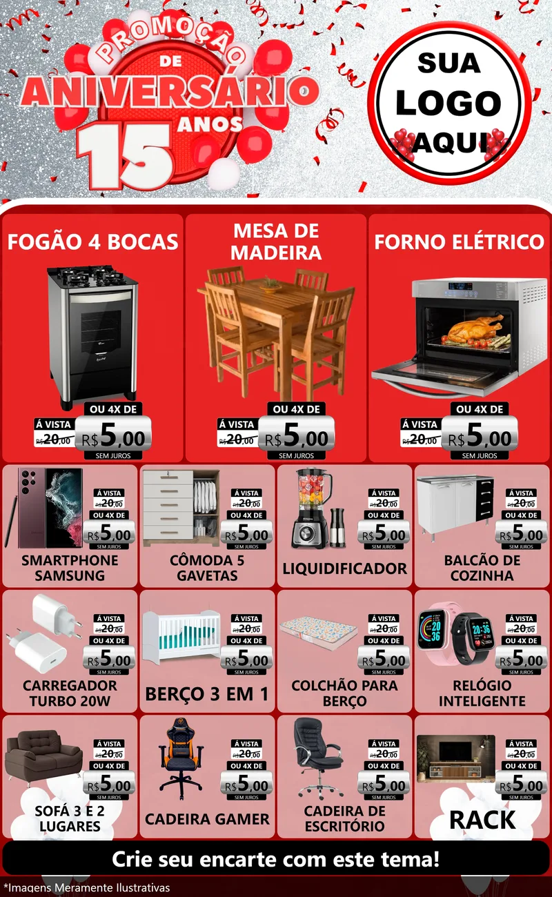 Modelo de Encarte para Encarte Grande com o tema Promoção de Aniversário - 15 Anos para Móveis e Eletro