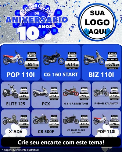 Modelo de Rede Social para Feed Instagram com o tema Promoção de Aniversário - 10 Anos para Concessionaria de Motos