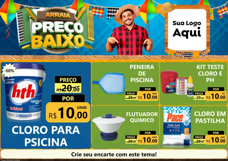 Modelo de Encarte para Encarte A4 Horizontal com o tema Arraiá de Preço Baixo - Junina para Produtos para Piscina