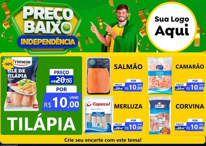 Modelo de Encarte para Encarte A4 Horizontal com o tema Preço Baixo de Independência para Peixaria