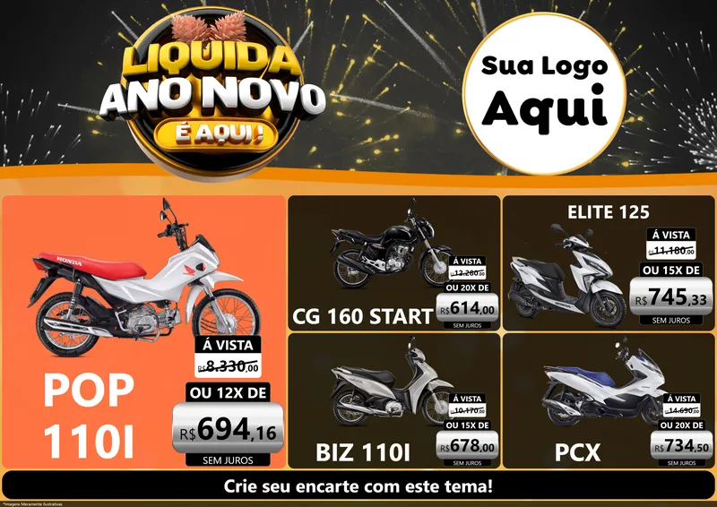 Modelo de Encarte para Encarte A4 Horizontal com o tema Liquida Ano Novo É Aqui! para Concessionaria de Motos