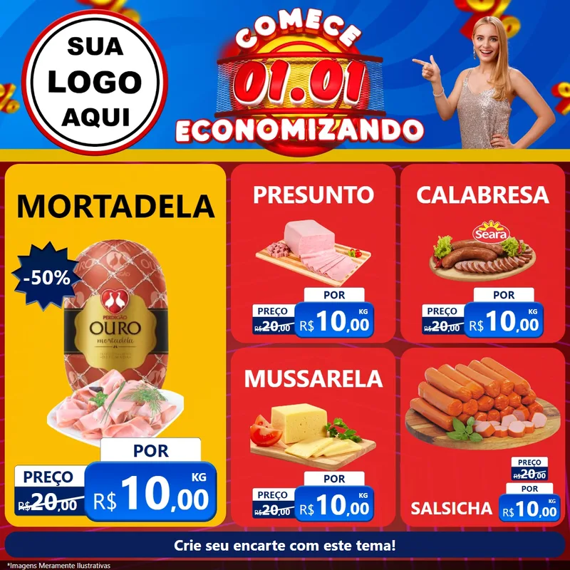 Modelo de Rede Social para Feed Facebook com o tema Comece 1º de Janeiro Economizando para Frios e Laticínios