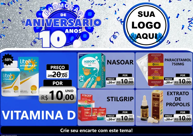 Modelo de Encarte para Encarte A4 Horizontal com o tema Promoção de Aniversário - 10 Anos para Farmácia