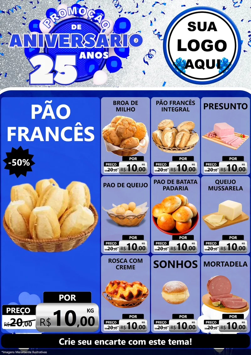 Modelo de Encarte para Encarte A4 Vertical com o tema Promoção de Aniversário - 25 Anos para Padaria