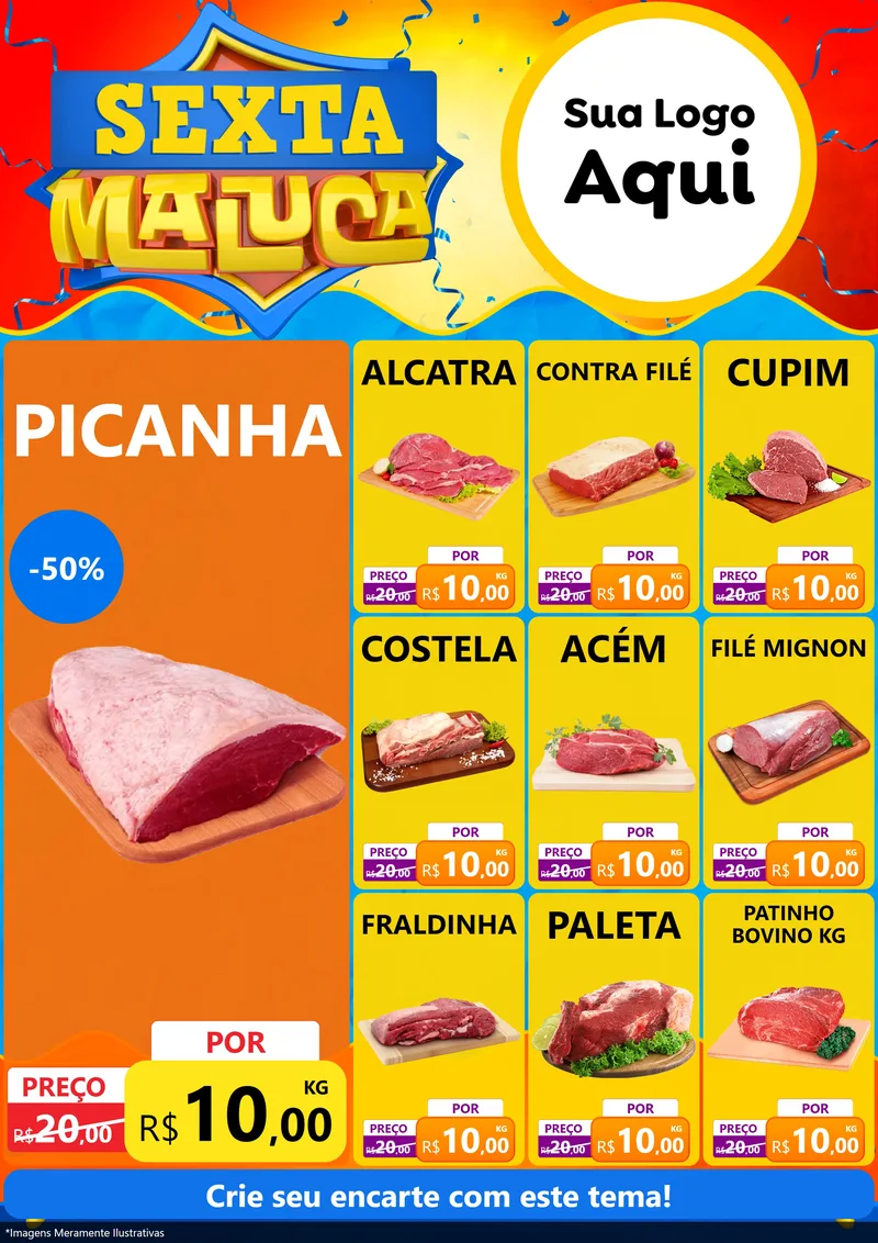Modelo de Encarte para Encarte A4 Vertical com o tema Sexta Maluca para Açougue