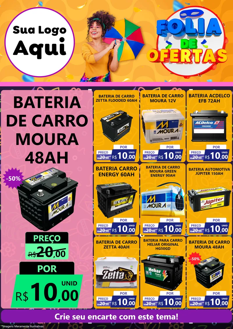 Modelo de Encarte para Encarte A4 Vertical com o tema Folia de Ofertas para Baterias Elétricas