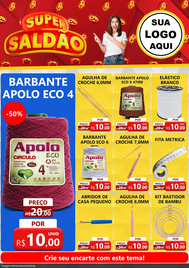 Modelo de Encarte para Encarte A4 Vertical com o tema Super Saldão para Armarinho e Aviamentos
