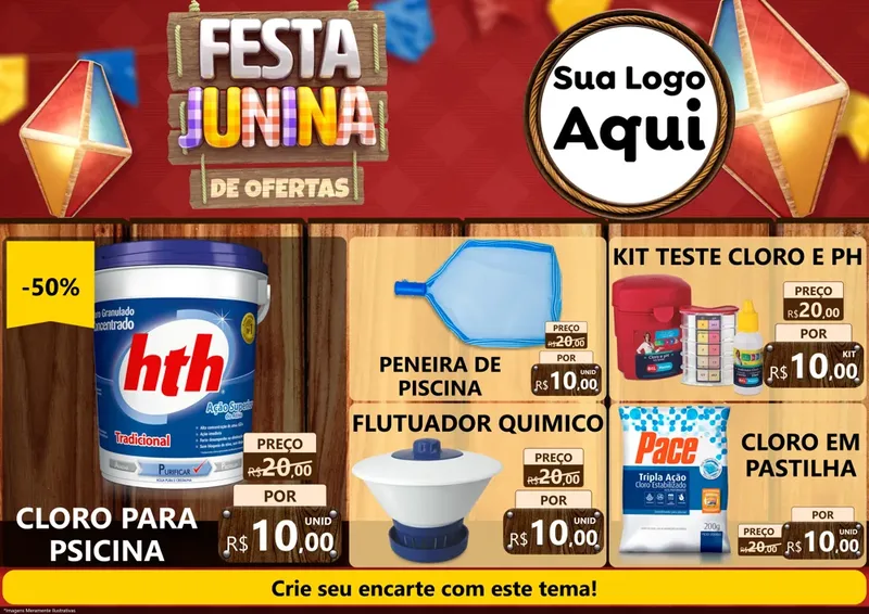 Modelo de Encarte para Encarte A4 Horizontal com o tema Festa Junina de Ofertas para Produtos para Piscina