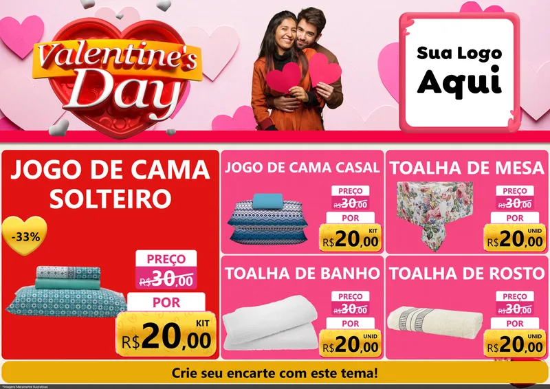 Modelo de Encarte para Encarte A4 Horizontal com o tema Valentine's Day para Cama, Mesa e Banho