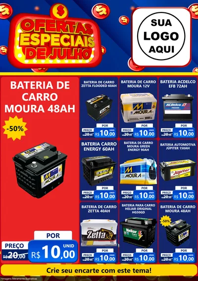 Modelo de Encarte para Encarte A4 Vertical com o tema Ofertas Especiais de Julho para Baterias Elétricas