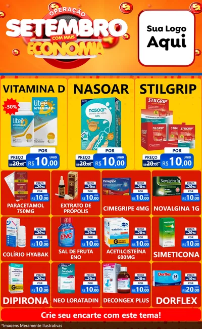 Modelo de Encarte para Encarte Grande com o tema Operação Setembro Com Muita Economia para Farmácia