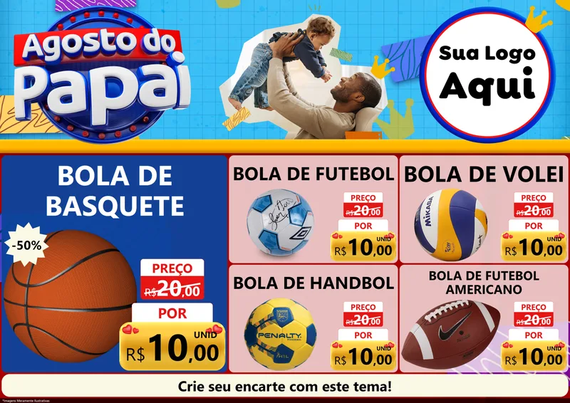 Modelo de Encarte para Encarte A4 Horizontal com o tema Agosto do Papai para Artigos Esportivos