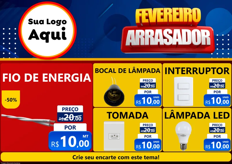 Modelo de Encarte para Encarte A4 Horizontal com o tema Fevereiro Arrasador para Materiais Elétricos