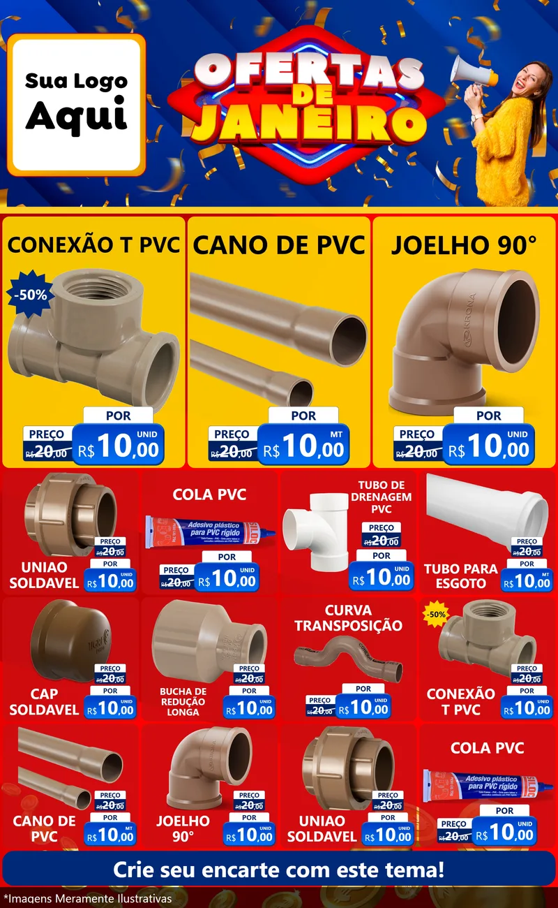 Modelo de Encarte para Encarte Grande com o tema Ofertas de Janeiro para Tubos e conexões