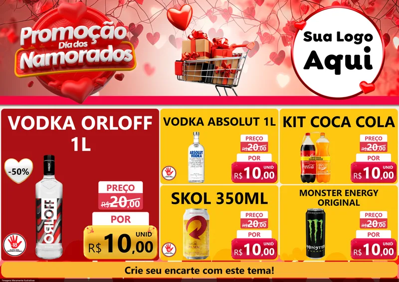 Modelo de Encarte para Encarte A4 Horizontal com o tema Promoção Dia dos Namorados para Distribuidora de bebidas
