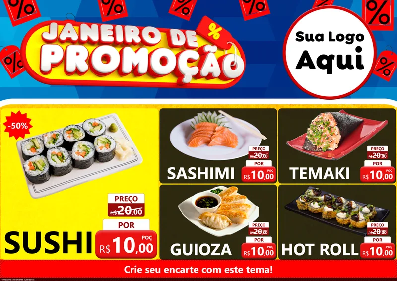 Modelo de Encarte para Encarte A4 Horizontal com o tema Janeiro de Promoção para Comida japonesa