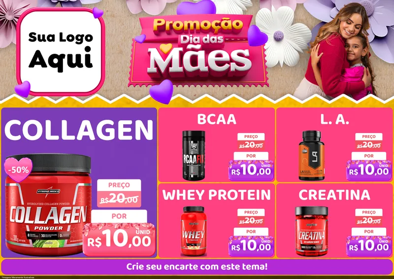 Modelo de Encarte para Encarte A4 Horizontal com o tema Promoção Dia das Mães para Suplementos alimentares