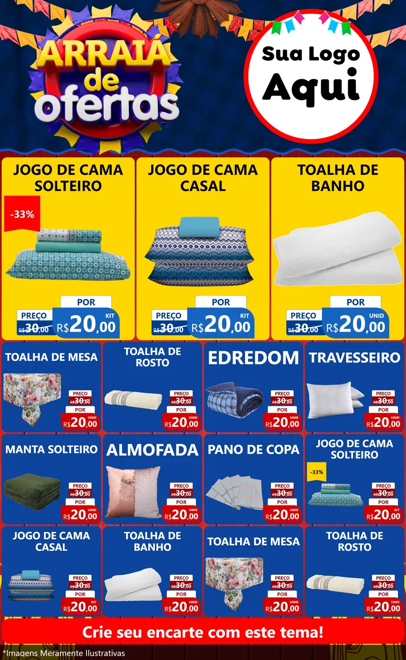 Modelo de Encarte para Encarte Grande com o tema Arraiá de Ofertas para Cama, Mesa e Banho