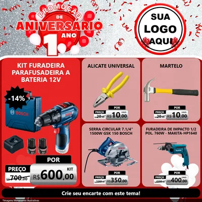 Modelo de Rede Social para Feed Facebook com o tema Promoção de Aniversário - 1 Ano para Maquinas e Ferramentas