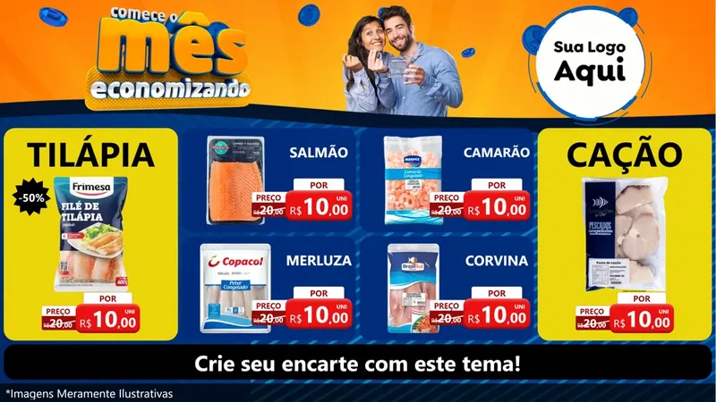 Modelo de TV para TV Horizontal com o tema Comece O Mês Economizando para Peixaria
