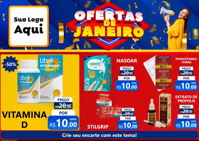 Modelo de Encarte para Encarte A4 Horizontal com o tema Ofertas de Janeiro para Farmácia