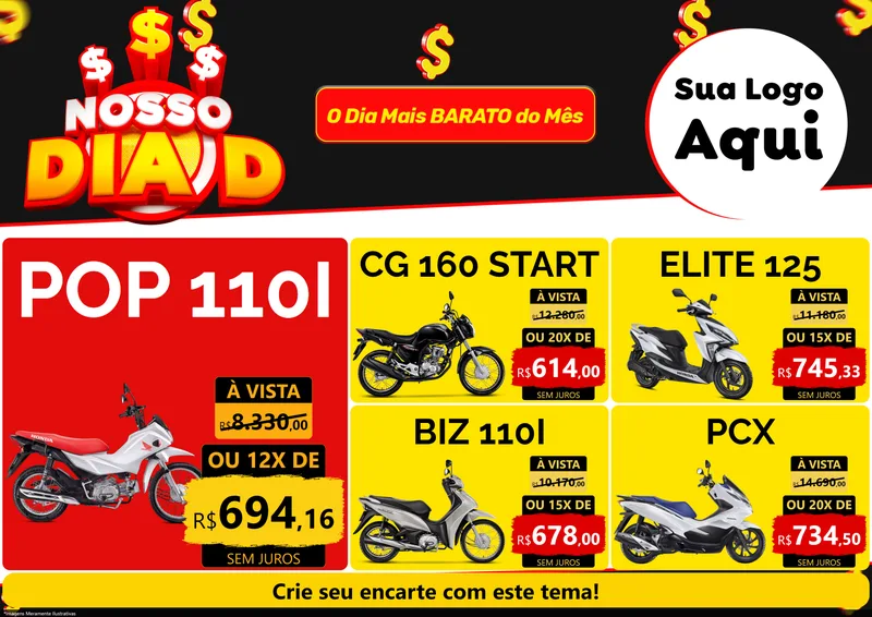 Modelo de Encarte para Encarte A4 Horizontal com o tema Nosso Dia D para Concessionaria de Motos