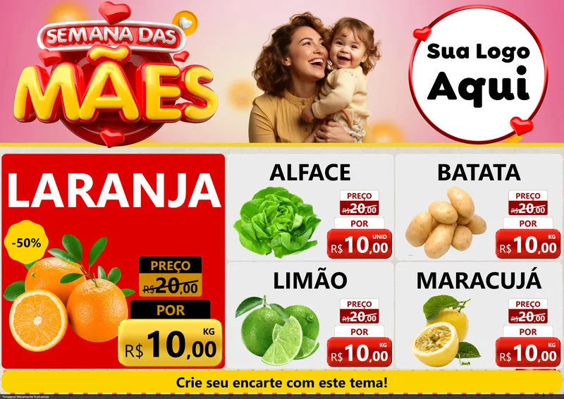 Modelo de Encarte para Encarte A4 Horizontal com o tema Semana das Mães para Hortifrúti