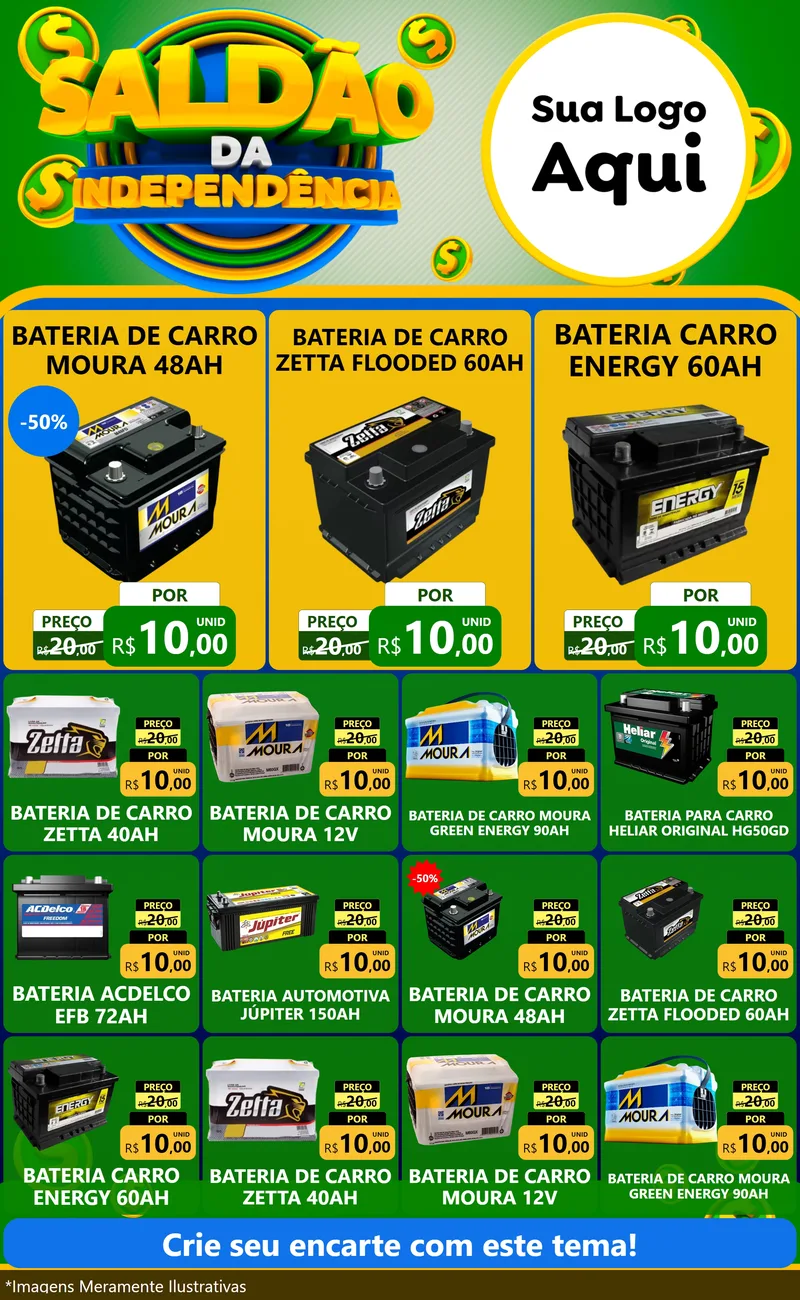 Modelo de Encarte para Encarte Grande com o tema Saldão da Indepêndencia para Baterias Elétricas