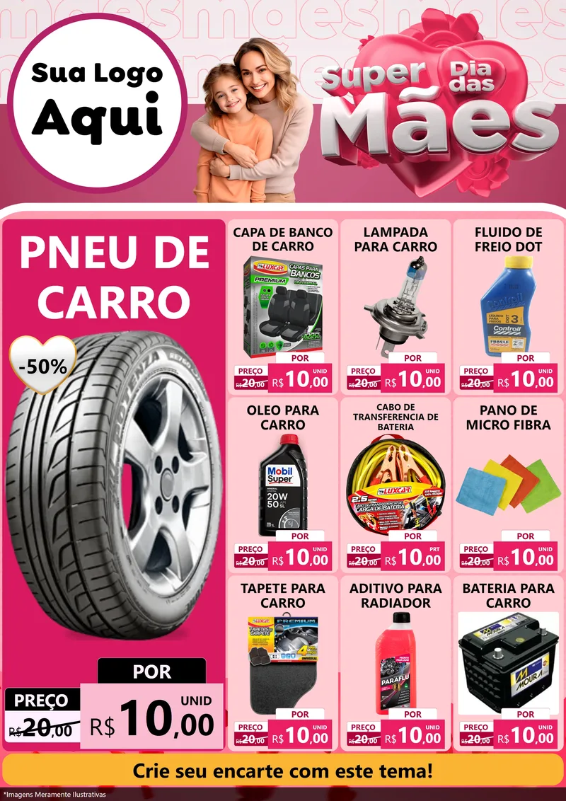 Modelo de Encarte para Encarte A4 Vertical com o tema Super Dia Das Mães para Auto peças