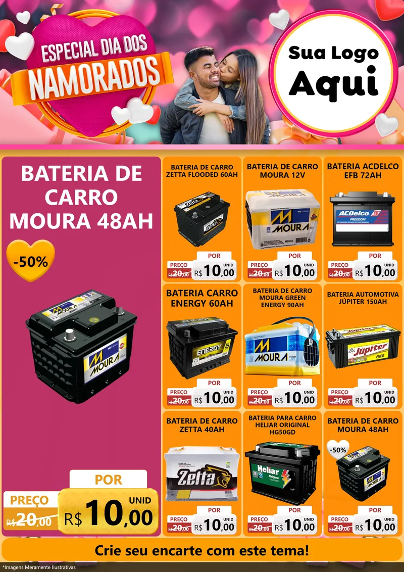 Modelo de Encarte para Encarte A4 Vertical com o tema Especial Dia dos Namorados para Baterias Elétricas