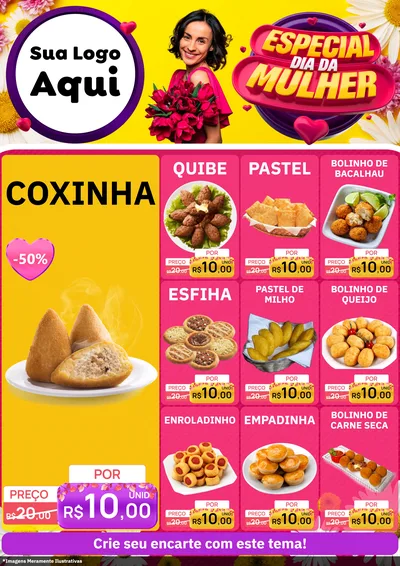 Modelo de Encarte para Encarte A4 Vertical com o tema Especial Dia da Mulher para Salgadaria