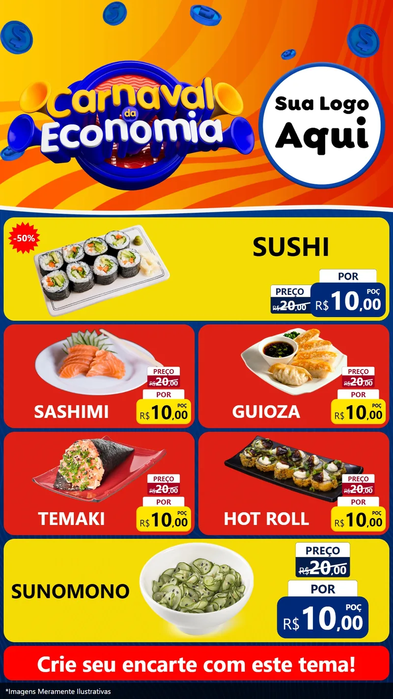 Modelo de TV para TV Vertical com o tema Carnaval da Economia para Comida japonesa