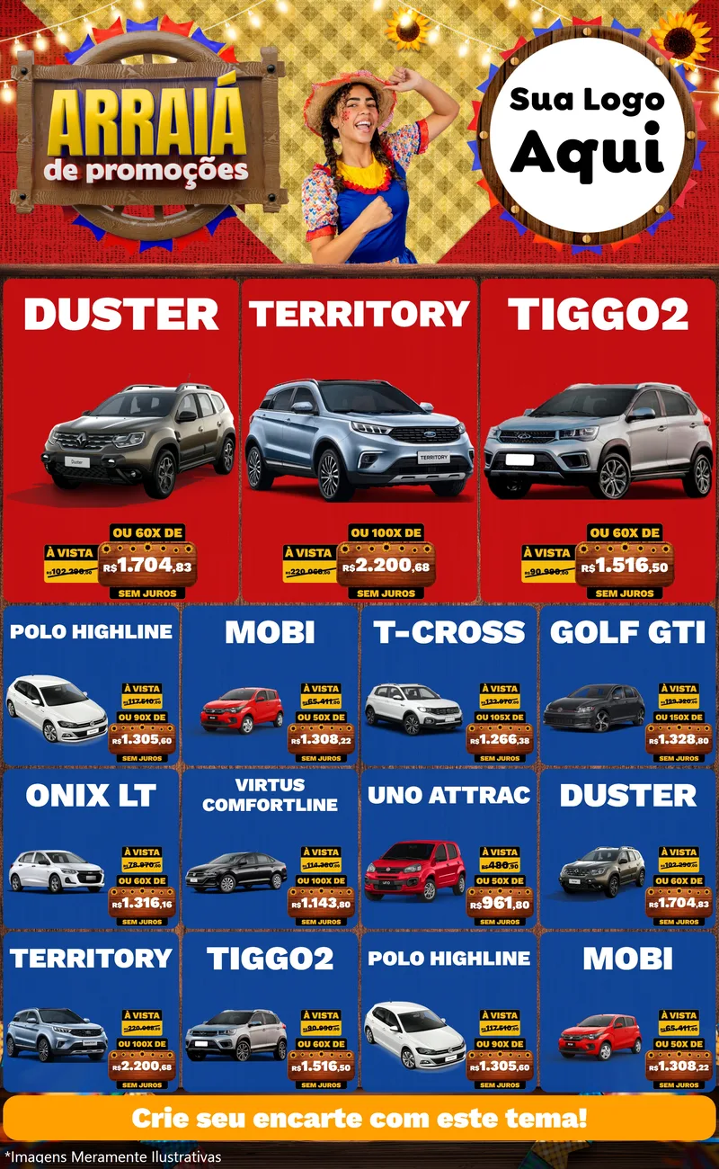 Modelo de Encarte para Encarte Grande com o tema Arraiá de Promoções para Concessionaria de Carros