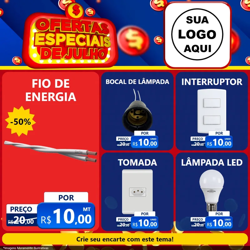 Modelo de Rede Social para Feed Facebook com o tema Ofertas Especiais de Julho para Materiais Elétricos